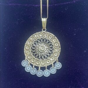 14K Gold 2 Tone Filagree Medallion Pendant Necklace
